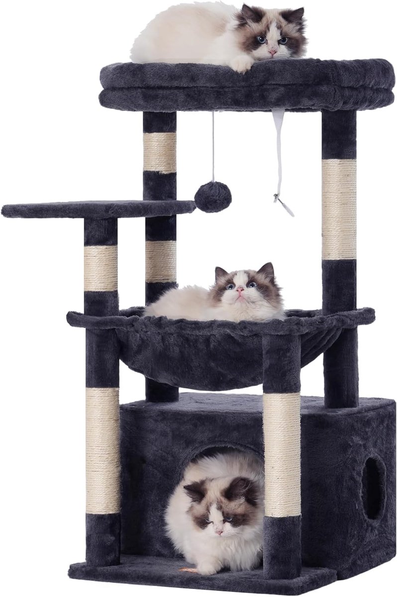 Kattenkrabboom met Extra Groot Zacht Kattenmand en Ruim Kattenbed, Robuuste Sisal-Krabpalen, Rookgrijs