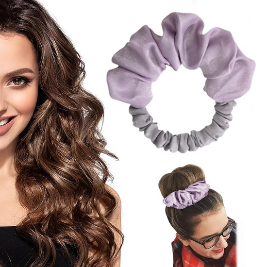 Model met lang, golvend bruin haar, naast een paarse scrunchie. Meisje met paarse scrunchie in staart.
