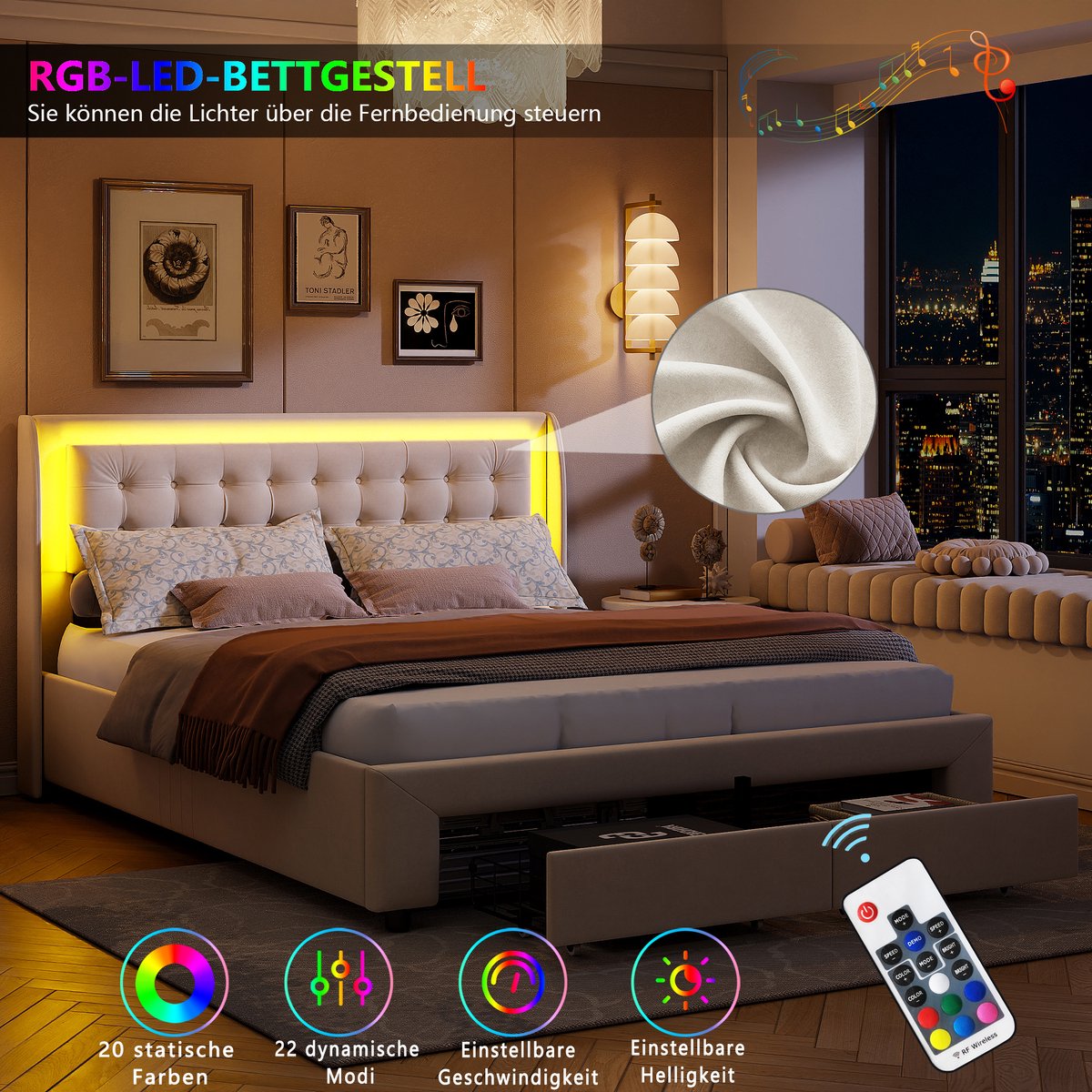 Gestoffeerd tweepersoonsbed 180x200 cm met lattenbodem en gecapitonneerd hoofdeinde, bedframe met opbergruimte - ideaal voor volwassenen en tieners, zonder matras, beige fluweel