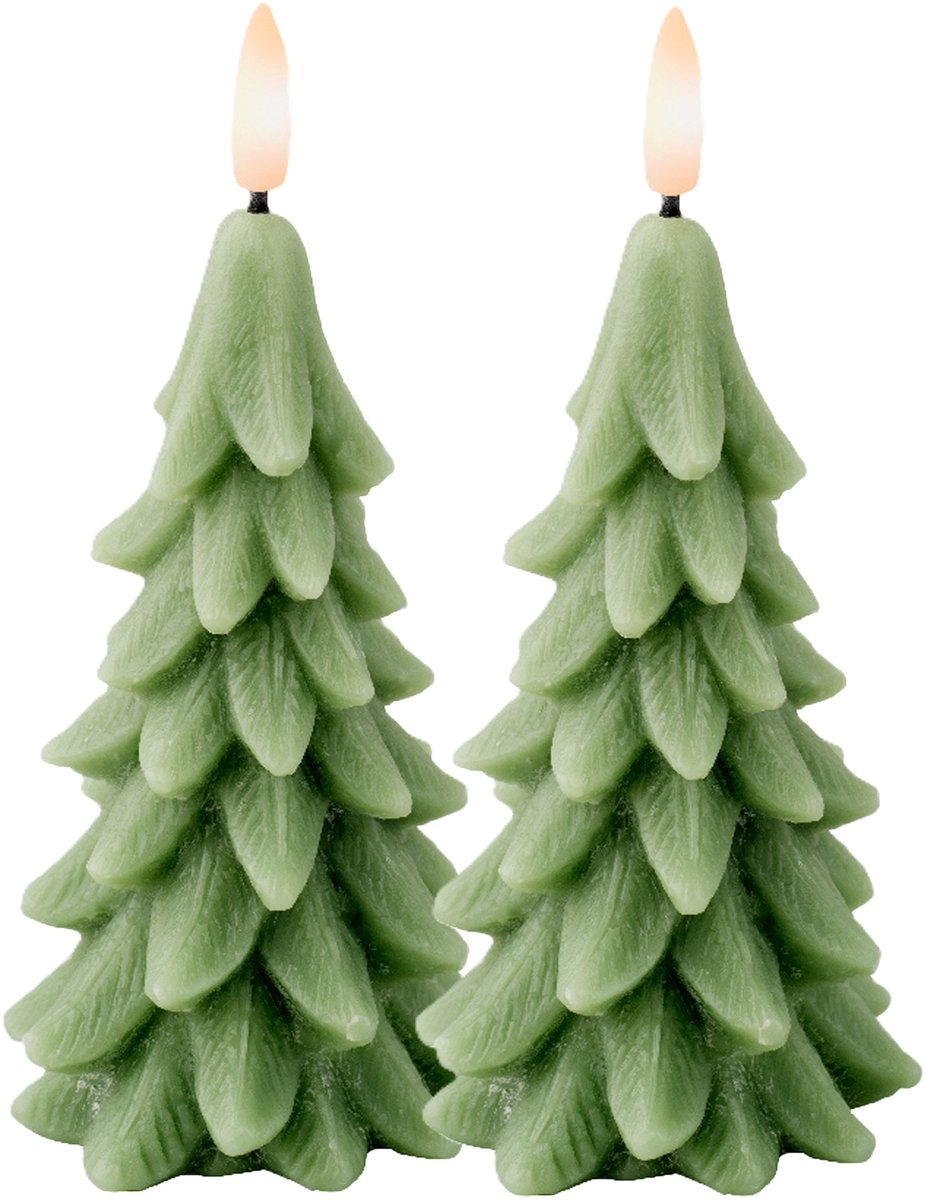 Lumineo LED kerstboom kaars - 2x - groen - 15 cm - batterijen - timer - kerstboom vorm kaarsen - kerstdiner