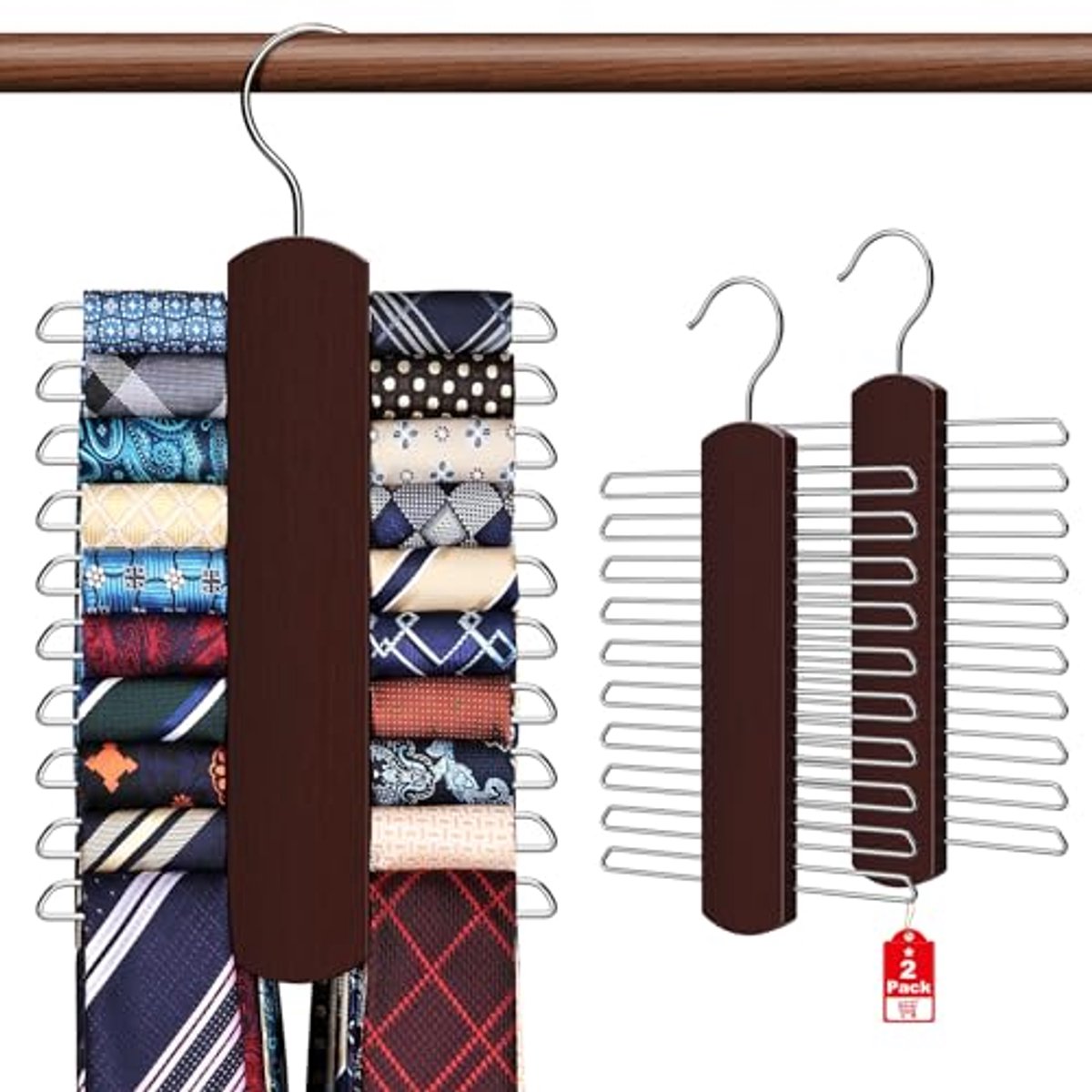 Set van 2 premium houten stropdas organisatoren voor 40 stropdassen en sjaals
