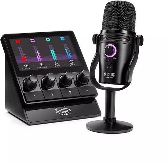 Zwarte microfoon en audiocontroller met verlicht scherm en draaiknoppen. Tekst: 'Hercules'.