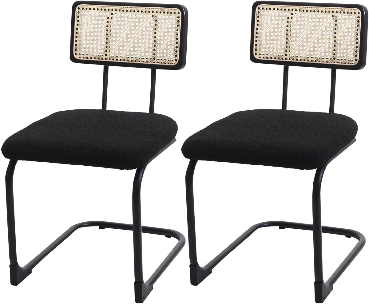 Set van 2 sledestoelen MCW-K88, stoel fauteuil, hout rotan metaal bouclé ~ stof/textiel zwart