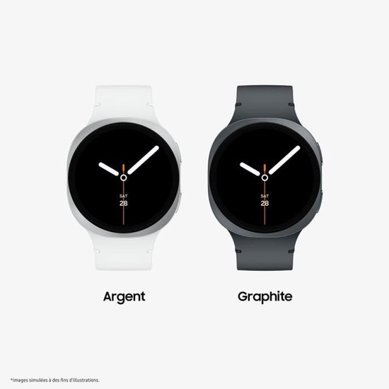 Twee Samsung Galaxy Watches, zilver met wit bandje en grafiet met donkergrijs bandje, beide met zwart scherm waarop SAT 28 wordt weergegeven.