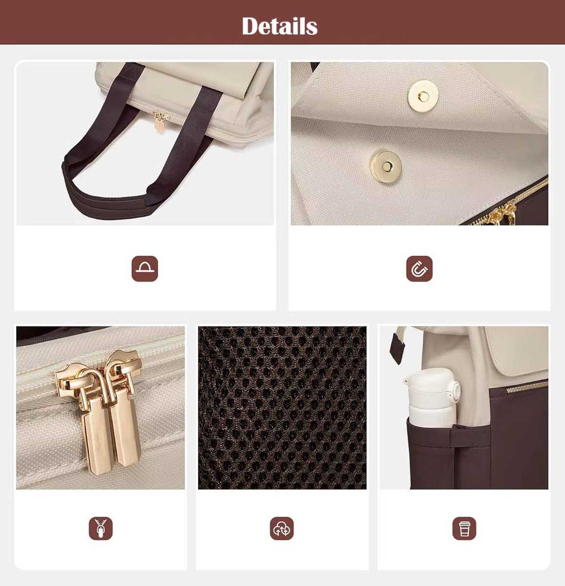 Bruin Crème Oxford Rugzak voor Vrouwen (43x30x20 cm) – Waterdicht, Ruim & Stijlvol | Luiertas, Reistas & Werktas met Extra Clutch (21x15 cm), Kofferband & Anti-diefstal Achtervak – foto 7