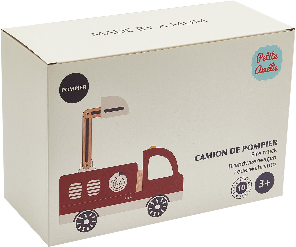 Petite Amélie Brandweerauto Pompier – Incl. 7 accessoires & 2 houten poppen – 360° draaibare kraan – Kofferbak met opbergruimte & klep — afbeelding 3
