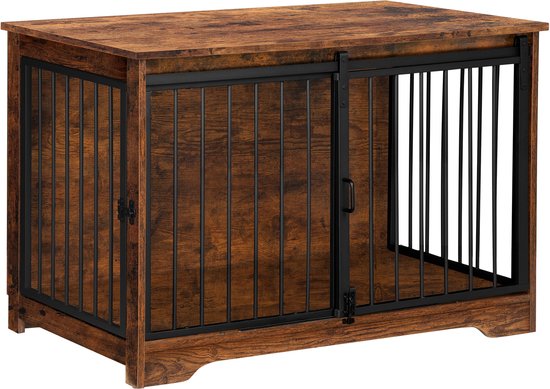Hzuaneri 100 cm Hondenbench, meubel, hondenbox, 3 deuren, gebogen deur, moderne hondenboxs binnen voor honden, bijzettafel, hondenkooi voor thuis, robuuste hondenbox, 60 x 100 x 63 cm, Zwart Goud