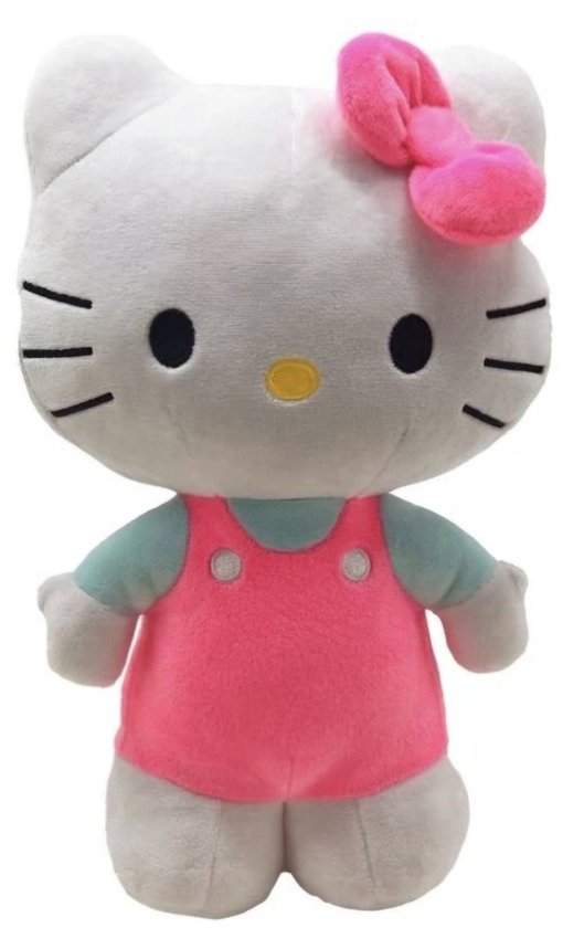 Hello Kitty knuffel met roze jurkje en lichtblauwe onderlaag, versierd met een roze strik.