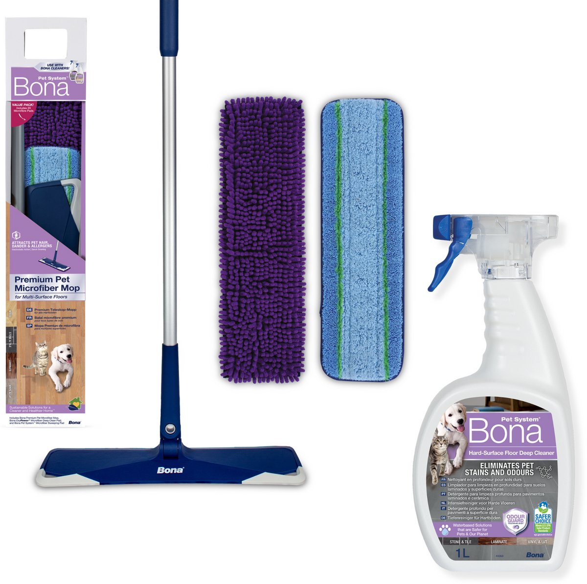 Bona Pet System Premium Pet Microfiber Mop + Intensiefreiniger voor Harde Vloeren 1L - Huisdier Vlekkenreiniger en Geurverwijderaar