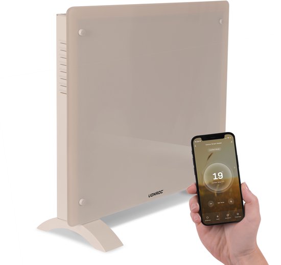 VONROC Luxe elektrische kachel – Convectorkachel met glazen paneel – 500W/1000W – Verwarmt ruimtes tot 12m2 – Bediening zowel met app (via Wifi) als handmatig – Instelbare thermostaat en timer – Beige