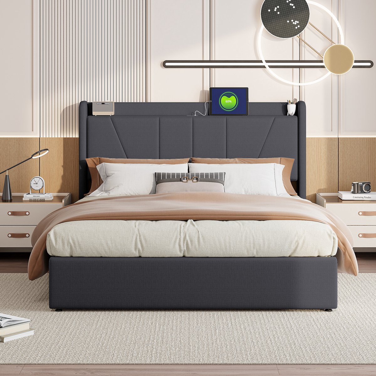 Gestoffeerd bed 160x200cm Modern tweepersoonsbed met 2 USB-oplaadpoorten, 1 Type-C-poort, slaapkamerbed met opbergruimte en lattenbodem 12-delig, jeugdbed, functioneel bed, Grijs, zonder matras - gesplitst voor 2 Pakketten voor verzending