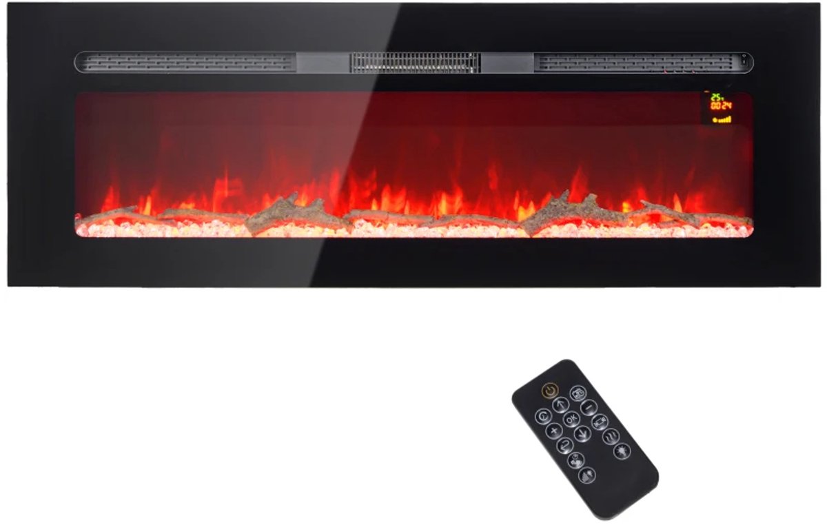 Sfeerhaard Elektrisch met Wandmontage - Haard met Verwarming - Realistisch LED-vlameffect - 1800 W - met Afstandsbediening, Kunstmatige Houtblokken en Kristallen - Openhaard - Kachel Vrijstaand - Zwart