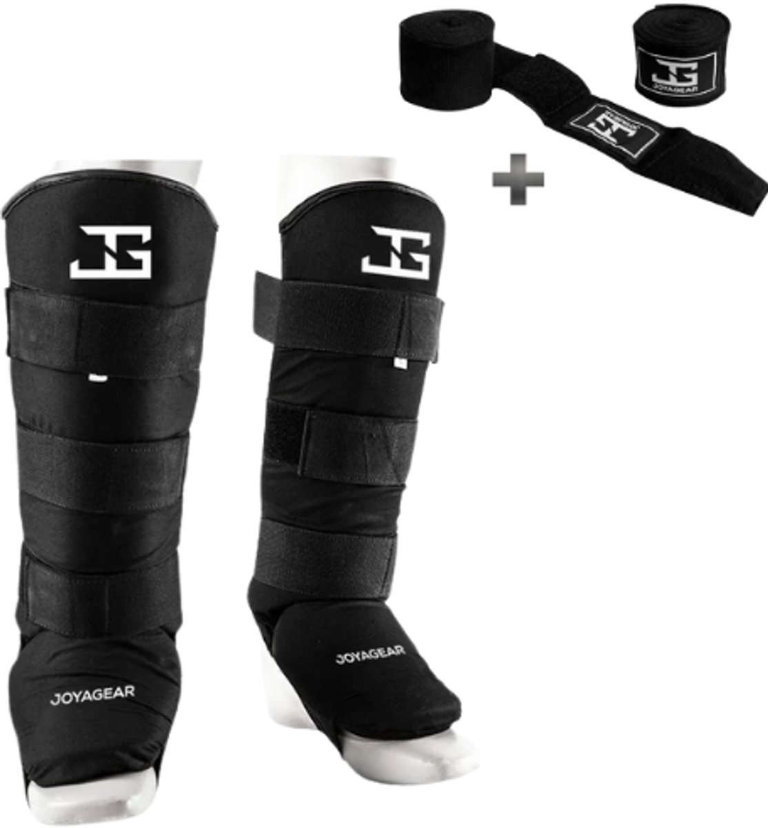 Joyagear “VELCRO” Scheenbeschermer – Kickboksen/Muay Thai – Zwart – M – incl. Bandage