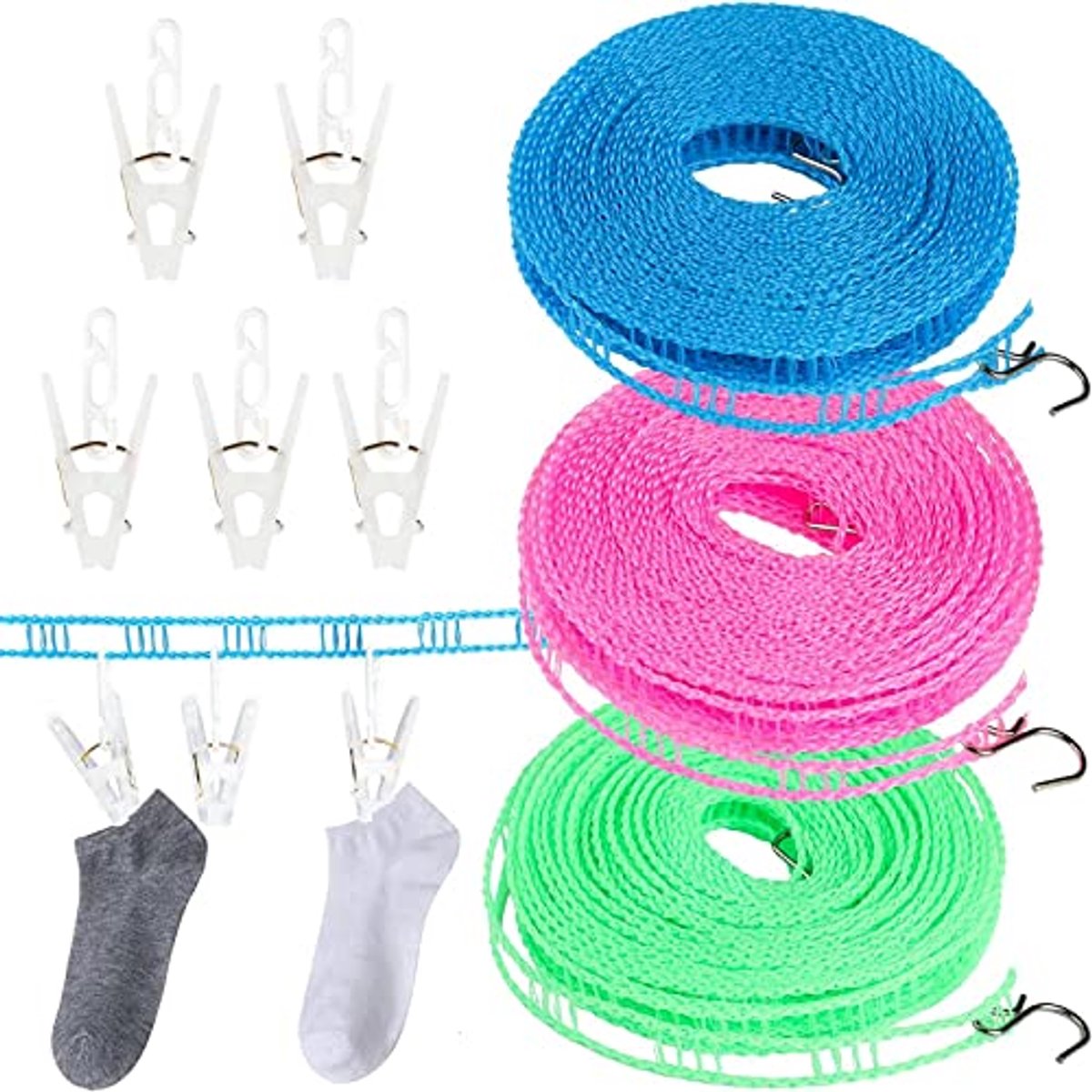 Draagbare Winddichte Nylon Waslijn - 3 Stuks 8m met Antislip Pins voor Binnen en Buiten