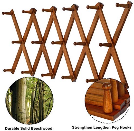 Houten Muur Gemonteerde Coat Rack met 17 Haakjes - Multifunctionele ...