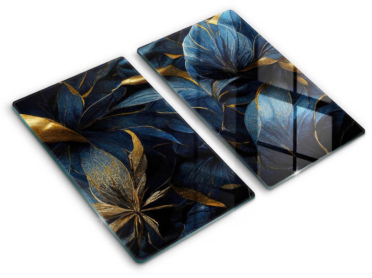 Wallfluent Spatscherm Keuken - Blauw Hittebestendig Glas Keuken - Set 2 Stuks 30x52 cm - Decoratieve Bladeren Met Goud Keuken Achterwand Bescherming - Bloemen en planten Rechthoekig Spatscherm Keuken