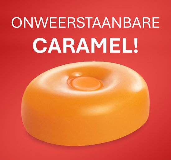 Een close-up van een bruin Werther's Original snoepje met "ONWEERSTAANBARE CARAMEL" tekst.