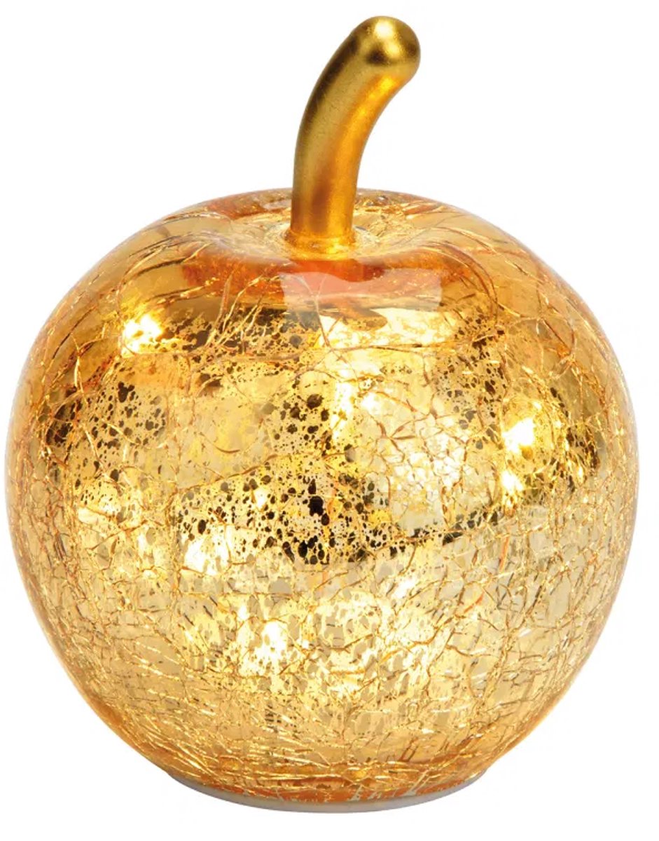 Appel met 5 LED's van goudkleurig glas (B/H/D) 7x9x7cm met timer, batterij CR2032 niet inbegrepen