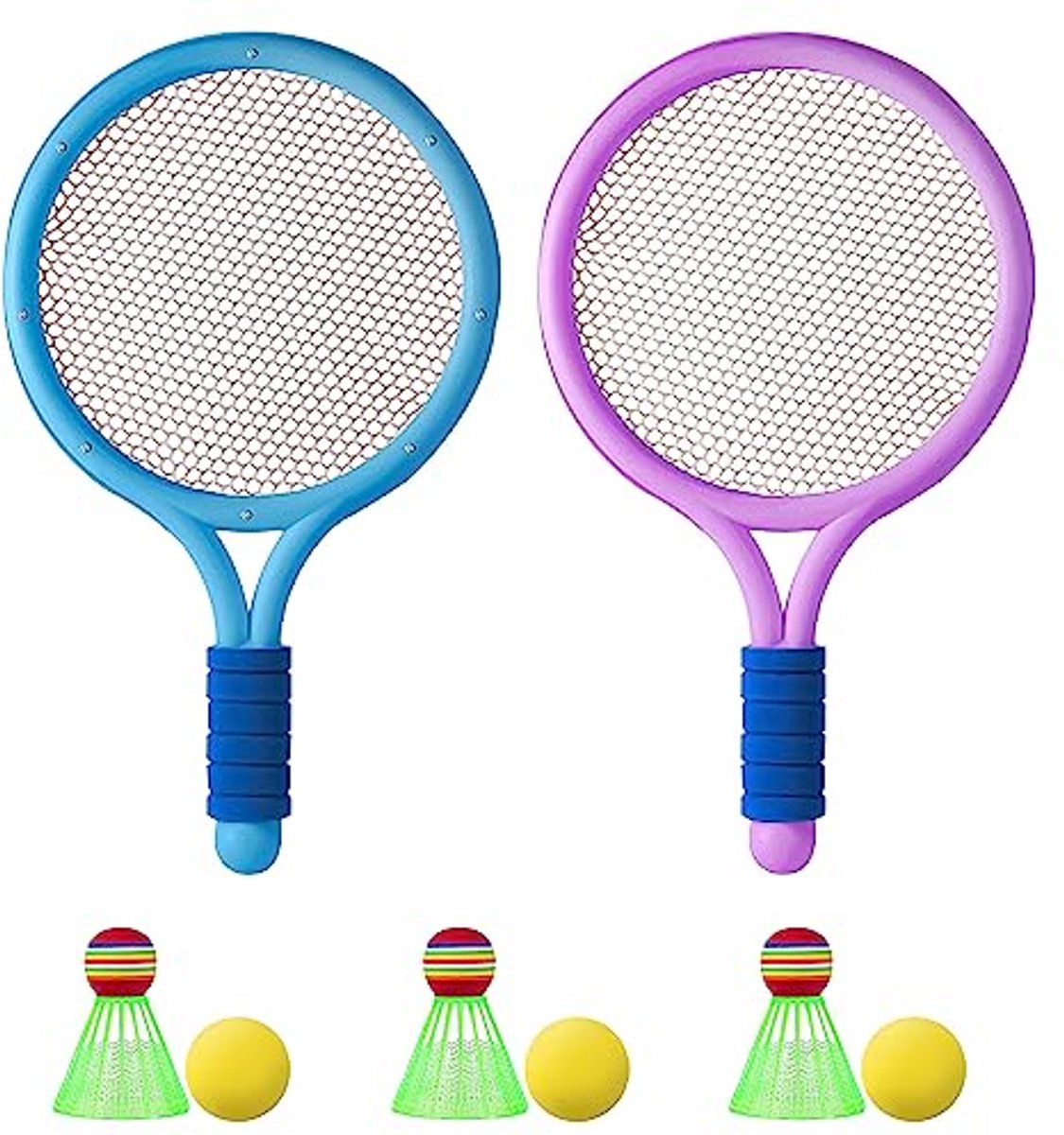 Badmintonset voor Kinderen - 2 Rackets, 3 Badmintonshuttles, 3 Sponsballen, Geschikt voor Binnen- en Buitensport