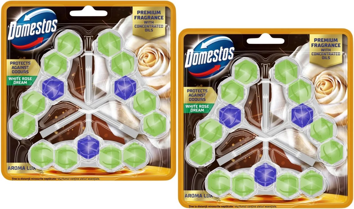 Domestos Aroma Lux White Rose Dream WC Blokjes - 2 Pack - 6 x 50g - Bestrijdt Kalkaanslag en zorgt voor Hygiene en Frisheid tot 900 Spoelingen - WC Blokjes Voordeelverpakking - Toilet Blokjes met Dennengeur