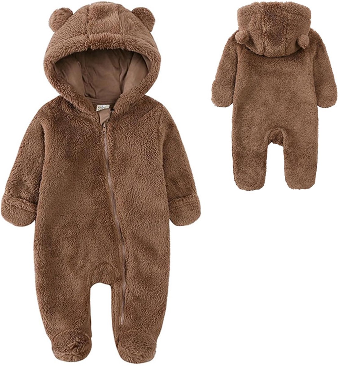 15stuk - Kinderbodysuit van pluche - Bodysuit met capuchon, rits en lange mouwen en pluchen berenoren - Warme bodysuit met capuchon - Winteroutfitset - bruin - 9