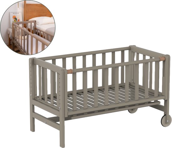 Geuther Co-Sleeper, Aanschuifbed, Wieg - Met Wielen - 45x90 cm - Babybedje tot 9 kg - Massief beukenhout - Taupe
