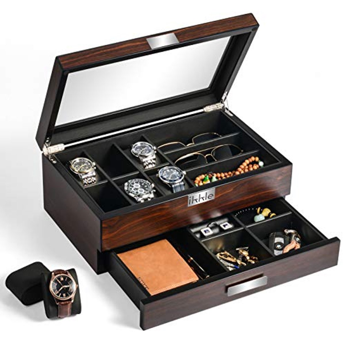 Luxe Houten Horlogedoos met Glazen Deksel voor Heren - Dubbele Laag Organizer voor Horloges en Accessoires