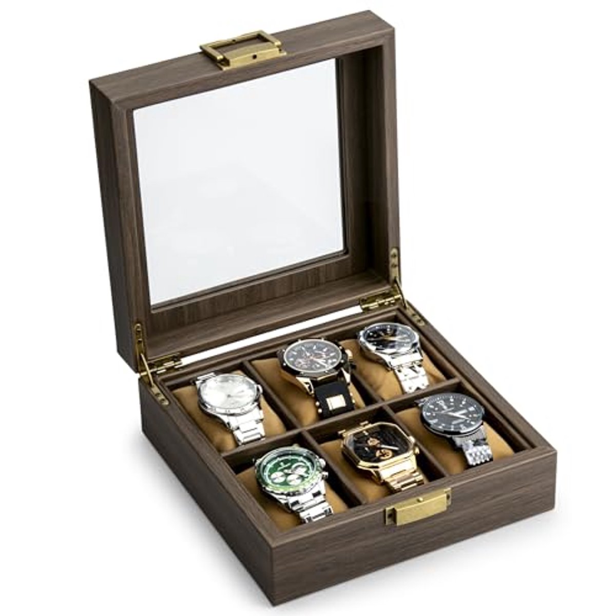 Massief Houten Horloge Box Organizer met Glas Top Display - 6 Slots voor Sieraden en Horloges