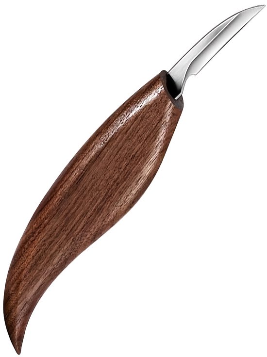 Houtsnijmes met een gebogen, donkerhouten handvat en een slanke, gebogen stalen kling.