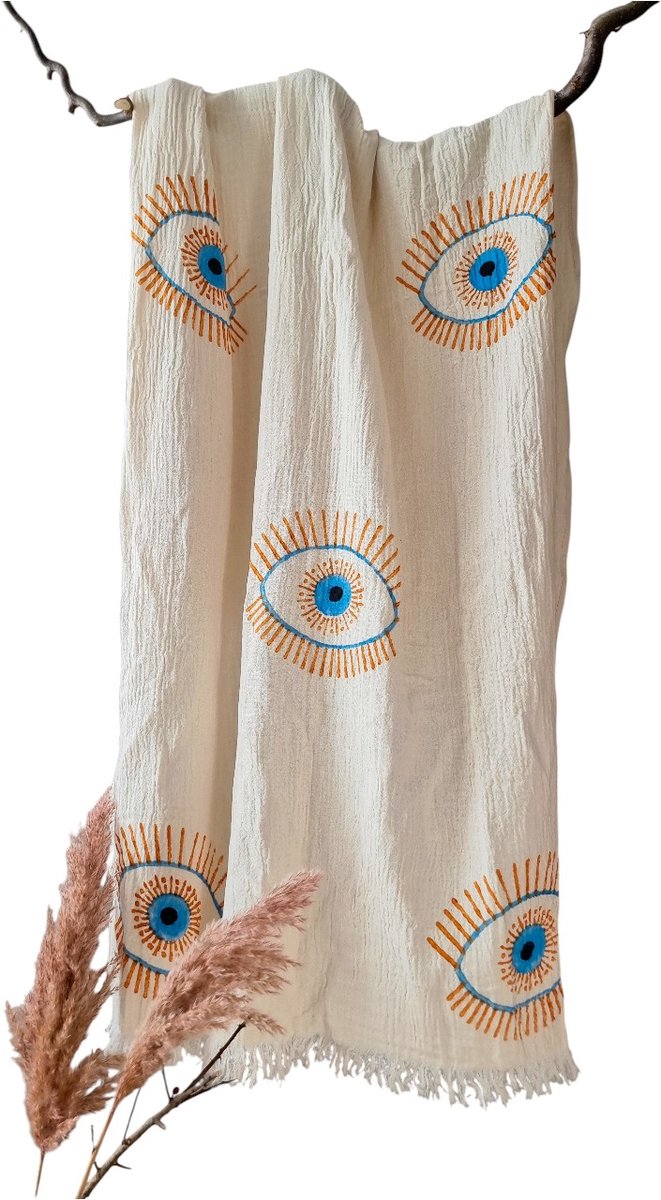 Ederlezi- Mousseline Hamamdoek - Peshtemal - Saunadoek - Oranje Oog Motief - %100 Katoen - 90x170cm