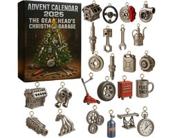 Adventskalender 2025 - Kerstgarage voor autoliefhebbers - Auto-adventskalender met 24 mini-auto-onderdelen en gereedschapsornamenten - Auto-kerstaftelling voor autoliefhebbers, monteurs en autofanaten