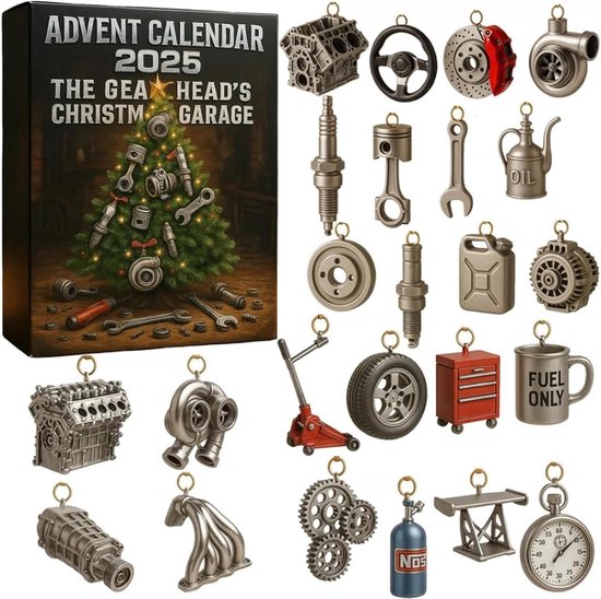 Adventskalender 2025 Met 24 Mini-auto-onderdelen – Acryl Kerstboomhangers, Aftelkalender Voor Autoliefhebbers En Monteurs, Met Ophangkoord