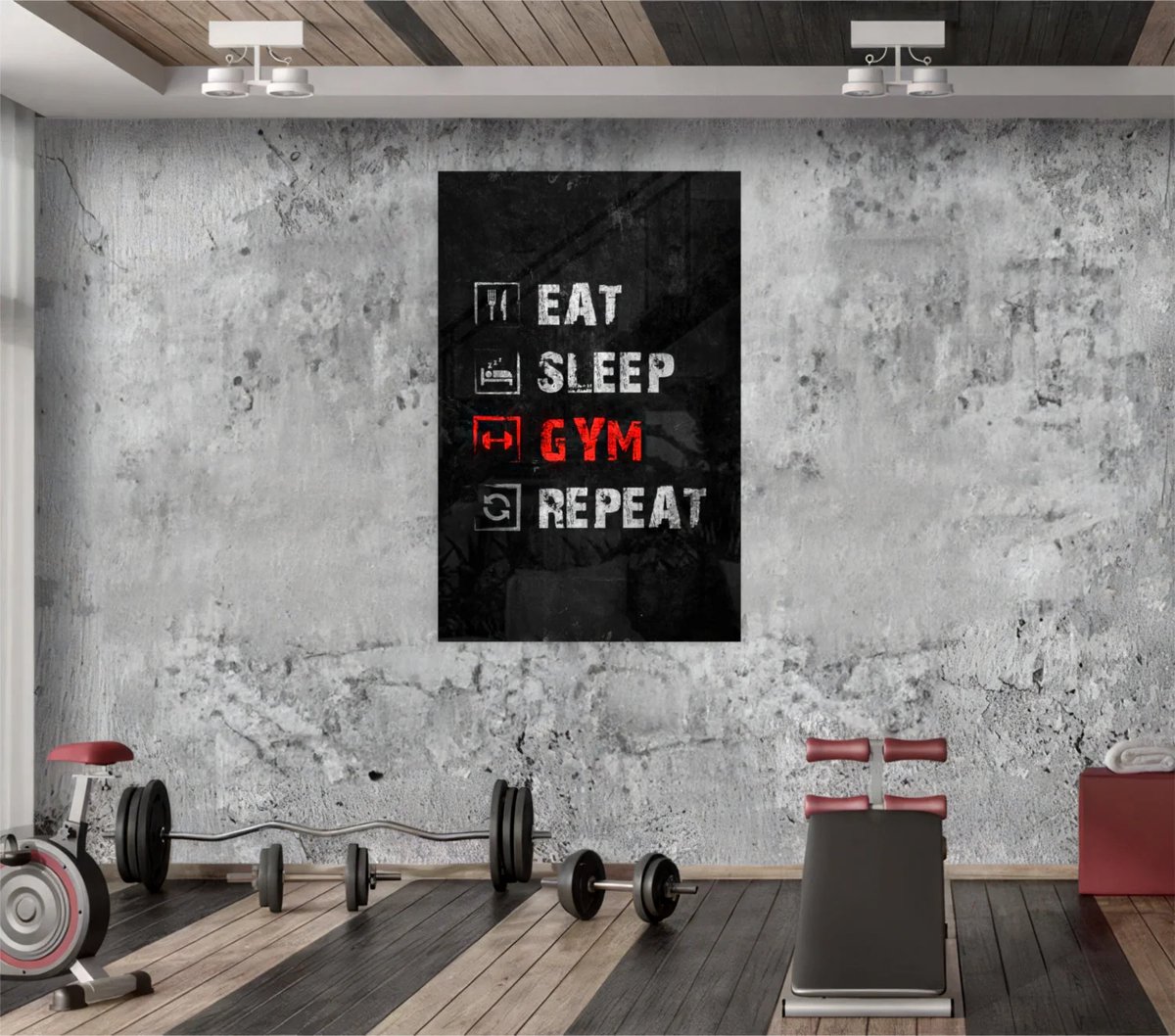 Glasschilderij Eat Sleep Gym Repeat – Motivatie Poster voor Fitnessruimte – Stoere Sport Wanddecoratie - 90x60 cm