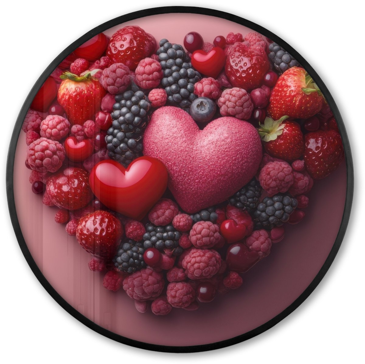 FrameYourWall Poster in lijst Rond - Fotolijst 60x60 cm - Posters - Fruit - Hartjes - Aardbeien - Frambozen - Bosbessen - Ronde posterlijst zwart - Decoratie - Wanddecoratie woonkamer - Muurdecoratie slaapkamer