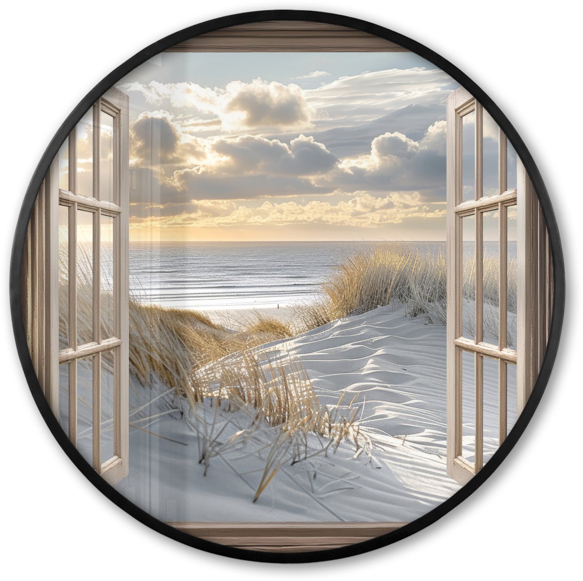 FrameYourWall Poster in lijst Rond - Fotolijst 80x80 cm - Posters - Doorkijk - Strand - Duinen - Zee - Natuur - Ronde posterlijst zwart - Decoratie - Wanddecoratie woonkamer - Muurdecoratie slaapkamer