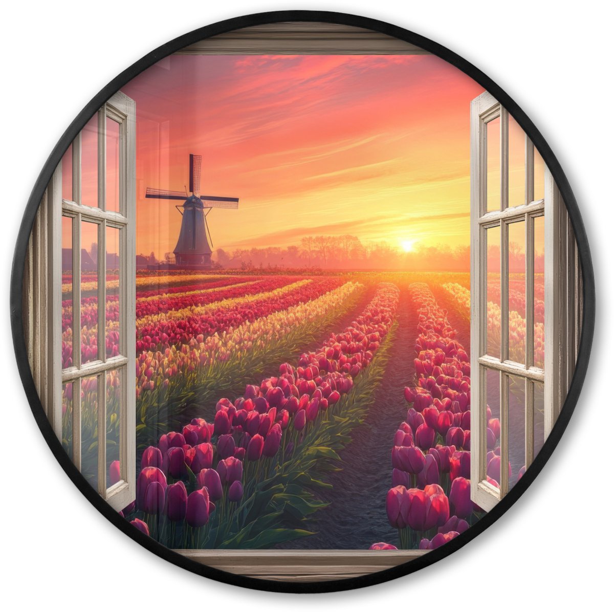 FrameYourWall Poster in lijst Rond - Fotolijst 60x60 cm - Posters - Doorkijk - Tulpen - Zonsondergang - Bloemen - Kleurrijk - Ronde posterlijst zwart - Decoratie - Wanddecoratie woonkamer - Muurdecoratie slaapkamer