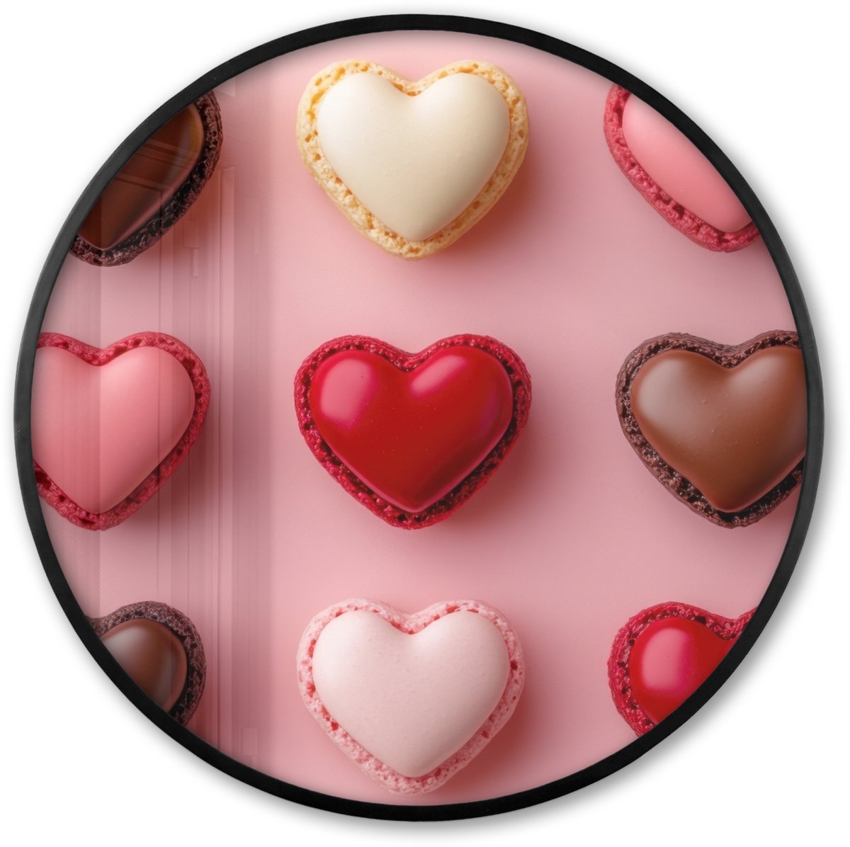 FrameYourWall Poster in lijst Rond - Fotolijst 60x60 cm - Posters - Macarons - Hartjes - Kleurrijk - Roze - Ronde posterlijst zwart - Decoratie - Wanddecoratie woonkamer - Muurdecoratie slaapkamer