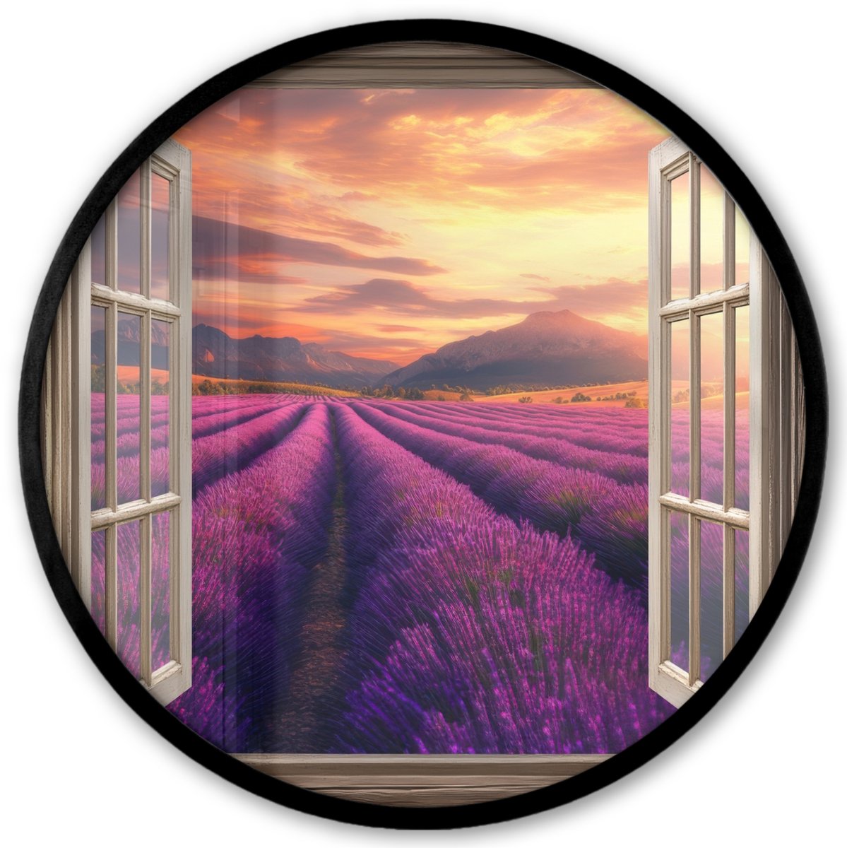 FrameYourWall Poster in lijst Rond - Fotolijst 40x40 cm - Posters - Doorkijk - Lavendel - Landschap - Bloemen - Paars - Ronde posterlijst zwart - Decoratie - Wanddecoratie woonkamer - Muurdecoratie slaapkamer