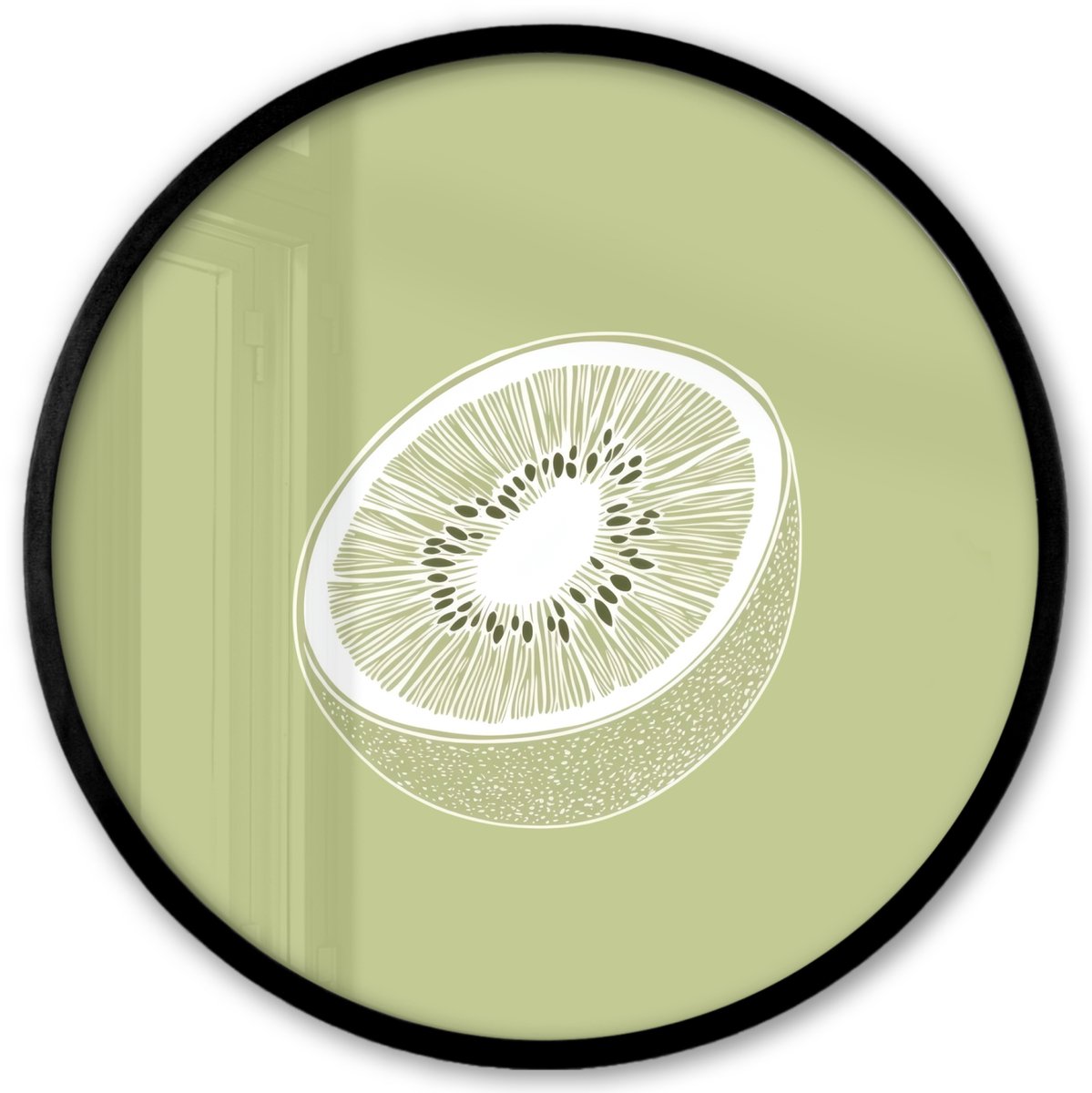 FrameYourWall Poster in lijst Rond - Fotolijst 40x40 cm - Posters - Kiwi - Lijntekening - Minimalistisch - Groen - Ronde posterlijst zwart - Decoratie - Wanddecoratie woonkamer - Muurdecoratie slaapkamer