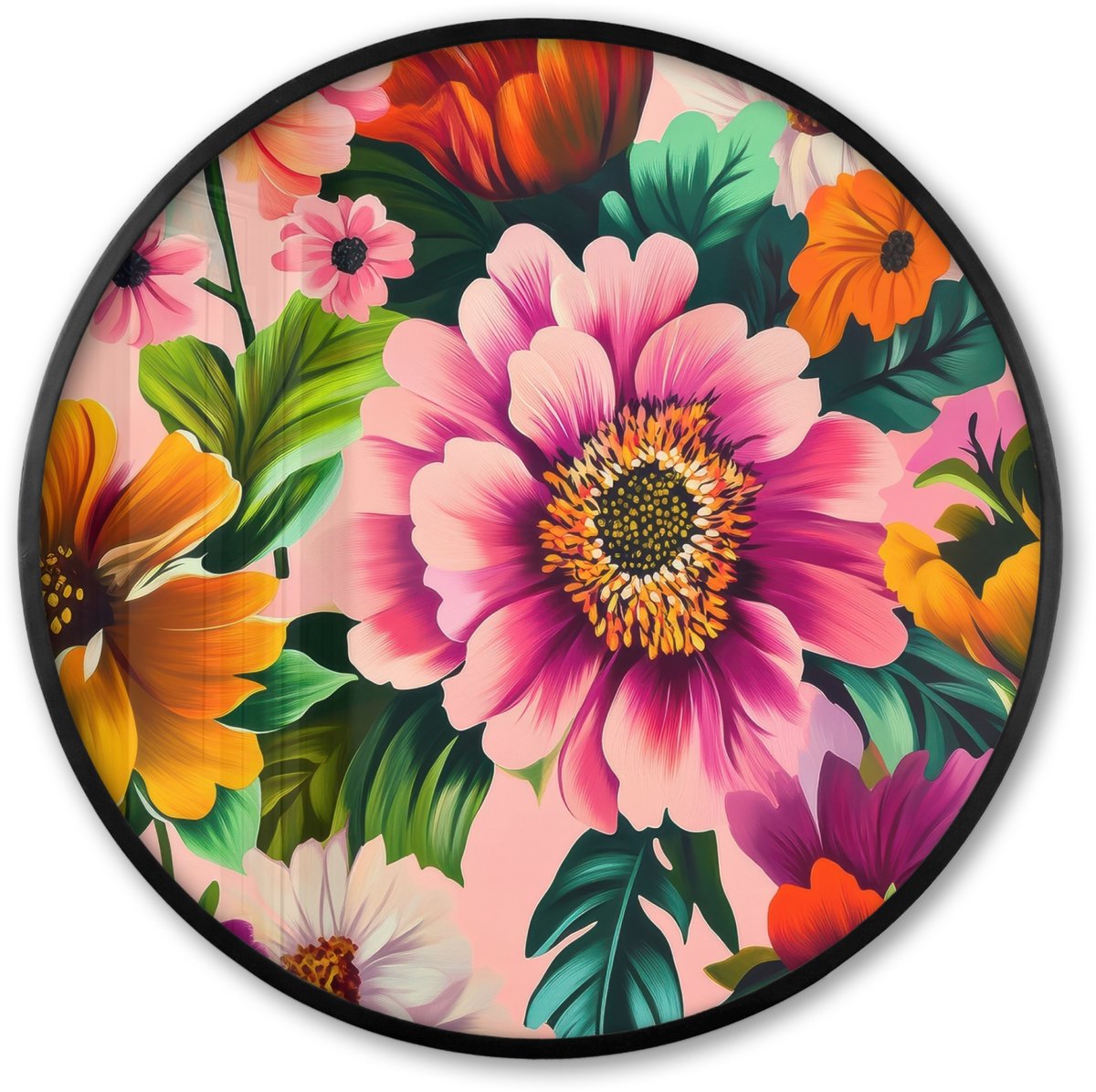 FrameYourWall Poster in lijst Rond - Fotolijst 60x60 cm - Posters - Bloemen - Kleurrijk - Roze - Ronde posterlijst zwart - Decoratie - Wanddecoratie woonkamer - Muurdecoratie slaapkamer
