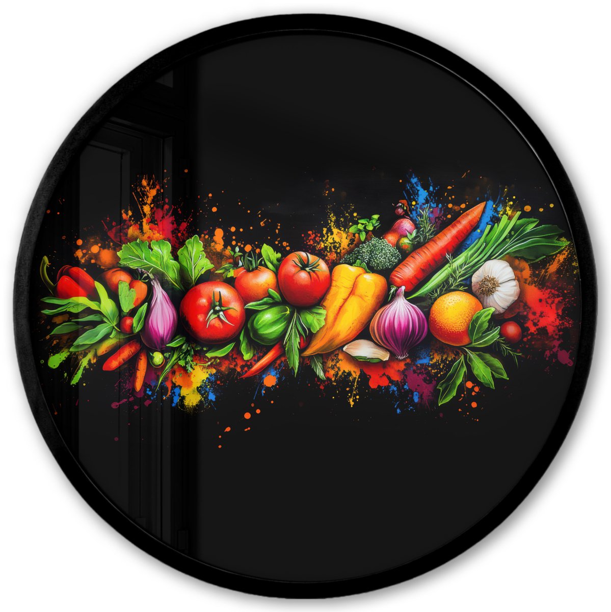 FrameYourWall Poster in lijst Rond - Fotolijst 40x40 cm - Posters - Groente - Eten - Kruiden - Graffiti - Koken - Ronde posterlijst zwart - Decoratie - Wanddecoratie woonkamer - Muurdecoratie slaapkamer Graffiti - Groente