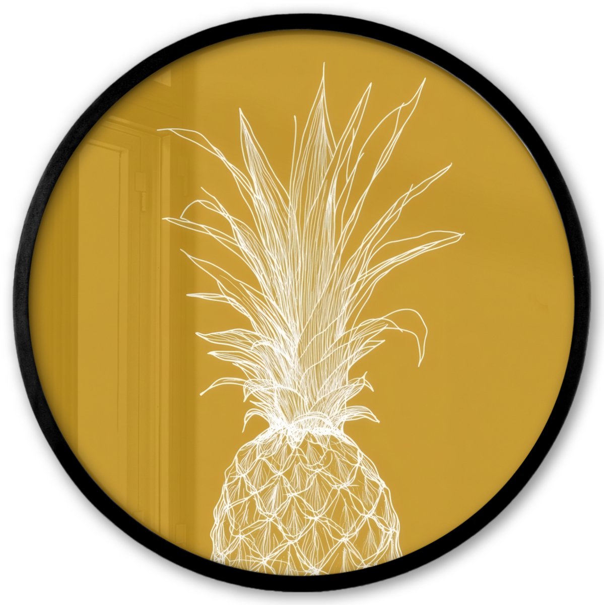 FrameYourWall Poster in lijst Rond - Fotolijst 40x40 cm - Posters - Lijnillustratie - Ananas - Bladkroon - Okergeel - Ronde posterlijst zwart - Decoratie - Wanddecoratie woonkamer - Muurdecoratie slaapkamer