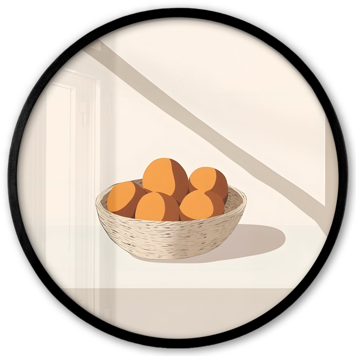 FrameYourWall Poster in lijst Rond - Fotolijst 40x40 cm - Posters - Mand - Fruit - Minimalistisch - Oranje - Ronde posterlijst zwart - Decoratie - Wanddecoratie woonkamer - Muurdecoratie slaapkamer Fruitschaal