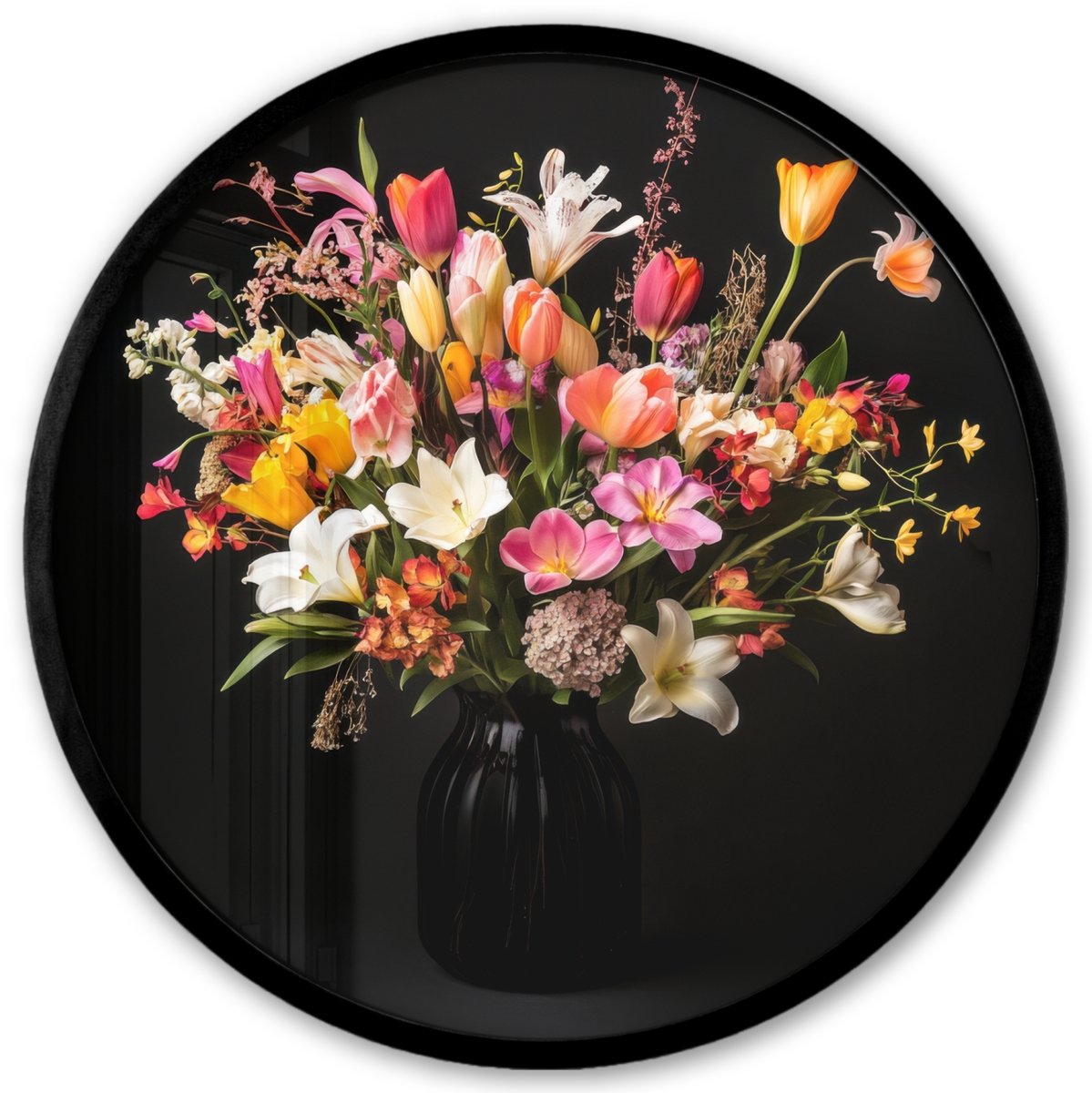 FrameYourWall Poster in lijst Rond - Fotolijst 40x40 cm - Posters - Vaas - Bloemen - Tulpen - Ronde posterlijst zwart - Decoratie - Wanddecoratie woonkamer - Muurdecoratie slaapkamer Boeket - Bloemen 4