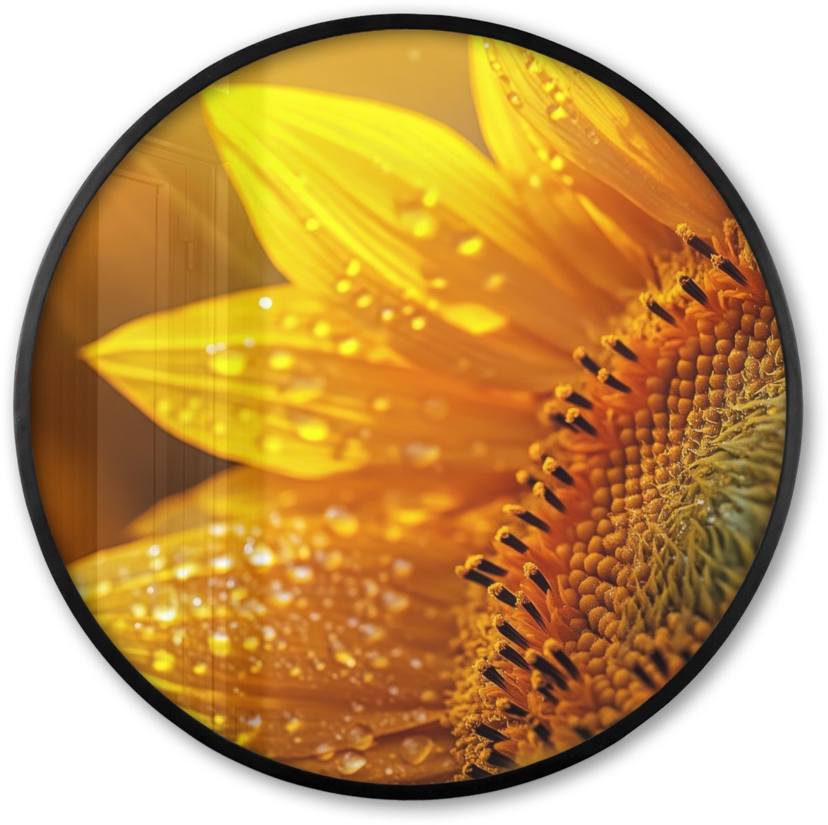 FrameYourWall Poster in lijst Rond - Fotolijst 60x60 cm - Posters - Zonnebloem - Dauwdruppels - Geel - Zonlicht - Ronde posterlijst zwart - Decoratie - Wanddecoratie woonkamer - Muurdecoratie slaapkamer