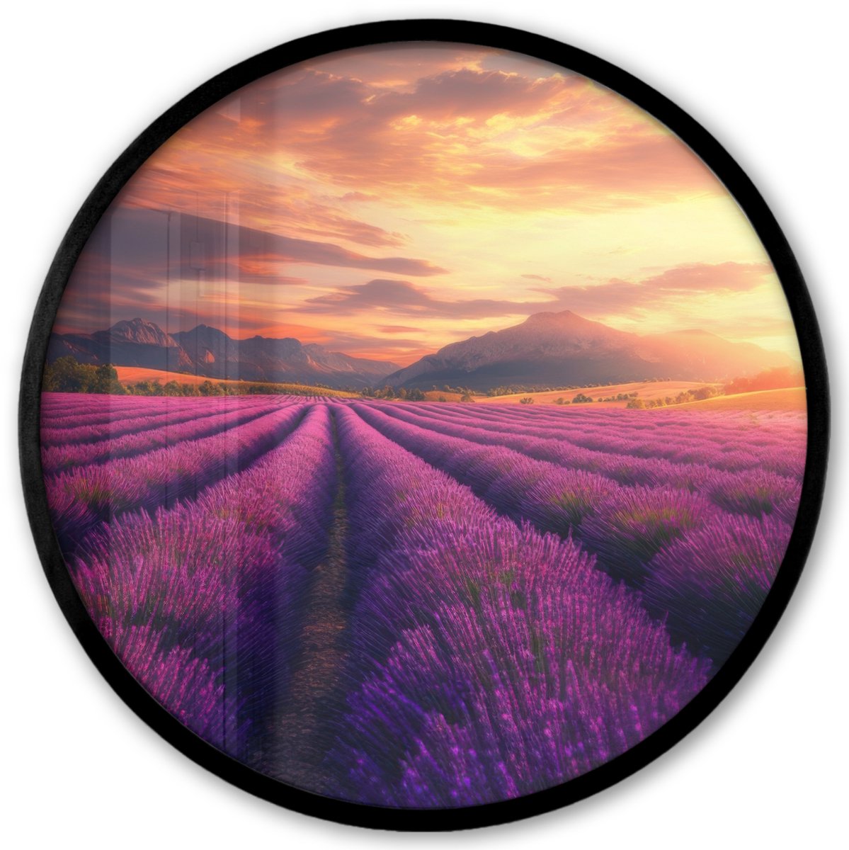 FrameYourWall Poster in lijst Rond - Fotolijst 40x40 cm - Posters - Lavendelveld - Zonsondergang - Paars - Ronde posterlijst zwart - Decoratie - Wanddecoratie woonkamer - Muurdecoratie slaapkamer Bloemen - Lavendel