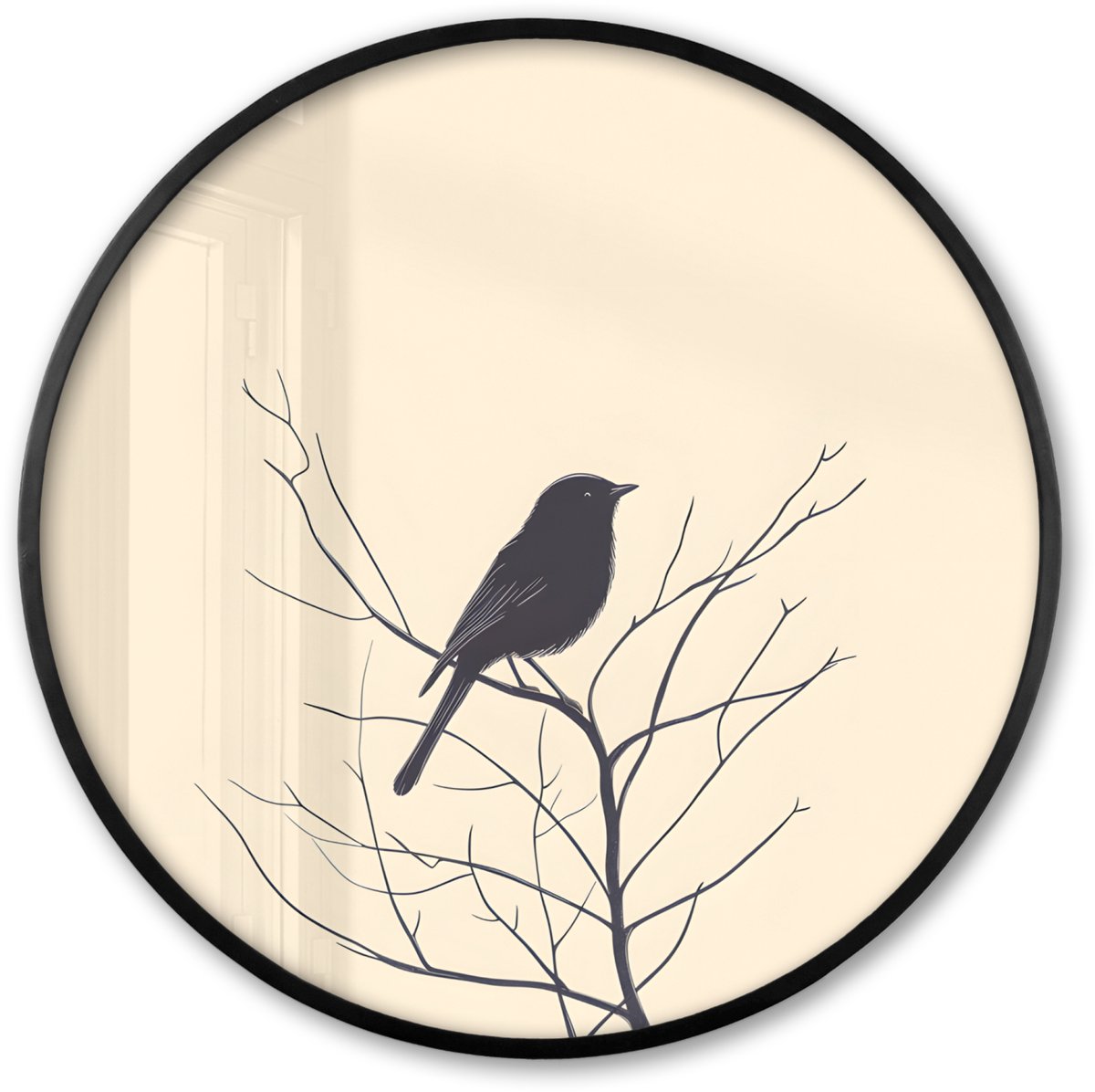 FrameYourWall Poster in lijst Rond - Fotolijst 80x80 cm - Posters - Vogel - Zwart - Tak - Minimalistisch - Ronde posterlijst zwart - Decoratie - Wanddecoratie woonkamer - Muurdecoratie slaapkamer