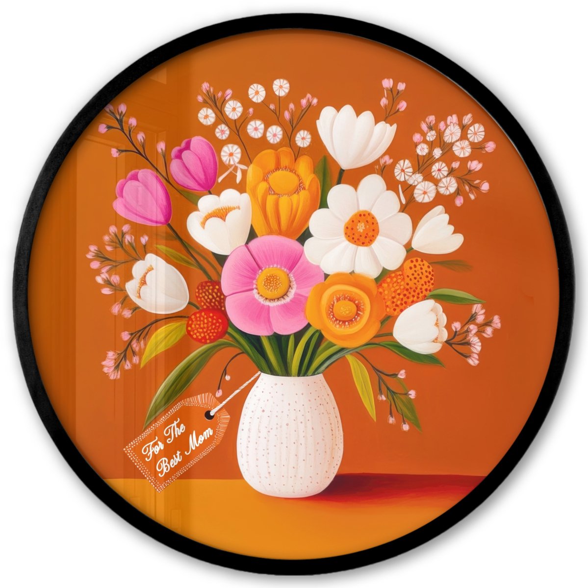 FrameYourWall Poster in lijst Rond - Fotolijst 40x40 cm - Posters - Vaas - Bloemen - Oranje - Ronde posterlijst zwart - Decoratie - Wanddecoratie woonkamer - Muurdecoratie slaapkamer