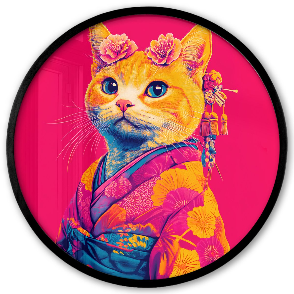 FrameYourWall Poster in lijst Rond - Fotolijst 40x40 cm - Posters - Kat - Kimono - Bloemen - Roze - Ronde posterlijst zwart - Decoratie - Wanddecoratie woonkamer - Muurdecoratie slaapkamer