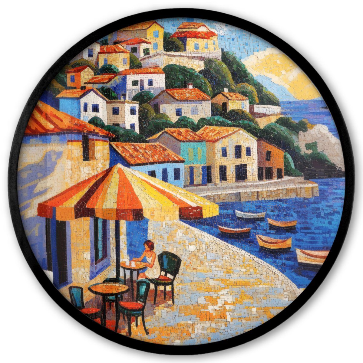 FrameYourWall Poster in lijst Rond - Fotolijst 40x40 cm - Posters - Kustdorp - Huisjes - Mozaïek - Zee - Ronde posterlijst zwart - Decoratie - Wanddecoratie woonkamer - Muurdecoratie slaapkamer Zee - Dorp - Mozaïek